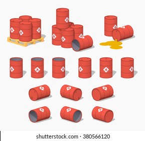 Red metal barrels with the fuel. 3D lowpoly isometric vector illustration. The set of objects isolated against the white background and shown from different sides