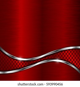 Red metal brushed background with perforated wave element. Vector 3d illustration