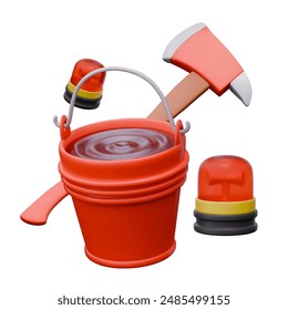 Red metal bucket with water, fire ax, signal lights. Bright vector composition