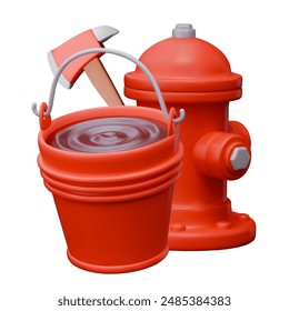 Red metal bucket with water, street hydrant, fire axe. Firefighting tools and equipment