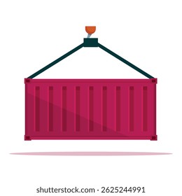 Red metal cargo container being lifted by a crane hook, freight transportation by shipping