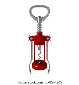 red metal corkscrew for opening wine bottles, with levers and gears on a white background