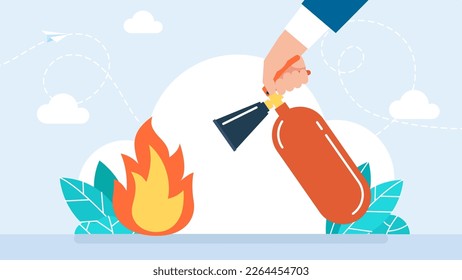 Red metal fire extinguisher. Fireman hold in hand extinguisher. Fire safety equipment. The concept of careful handling of fire. Portable fire-fighting unit on white background. Vector illustration