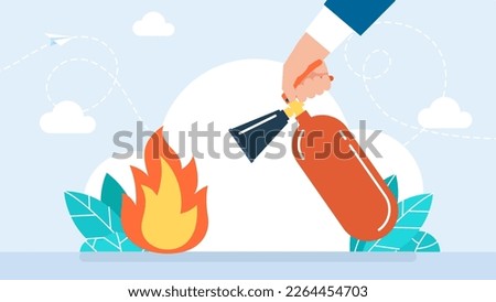 Red metal fire extinguisher. Fireman hold in hand extinguisher. Fire safety equipment. The concept of careful handling of fire. Portable fire-fighting unit on white background. Vector illustration