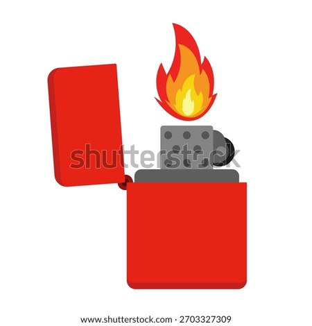 Red Metal Lighter with Flame Vector Illustration. Ideal for use in safety materials, signage, educational graphics, product mockups, icons, promotional designs.