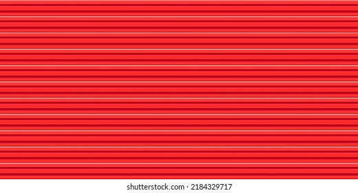 Red metal linear grooved wall. Vector iron roof sheet. Plastic home siding texture. Seamless pattern metallic urban galvanized fence. Steel striped panel. Aluminium wave floor. Home profiled line