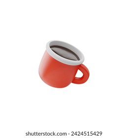 Red metal mug with beverage 3D style, vector illustration isolated on white background. Decorative design element, camping item, realistic object with coffee or tea