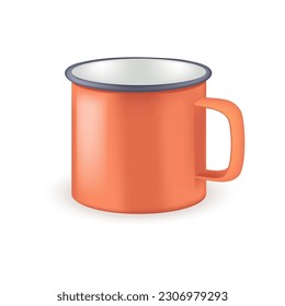 Red metal mug for camping or picnic 3D illustration. Cartoon drawing of container for drinking tea or coffee during trip in 3D style on white background. Camping, recreation, beverage concept