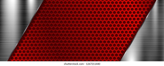 Red metal perforated 3d texture. Vector illustration