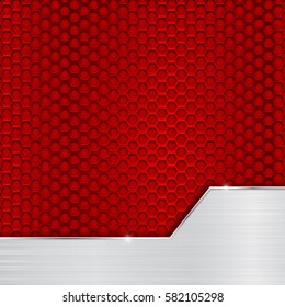 Red metal perforated background with brushed steel element. Vector 3d illustration.