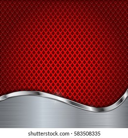 Red metal perforated background with chrome elements. Diamond shape holes. Vector 3d illustration