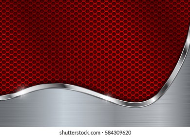 Red metal perforated background with chrome curve element. Hexagon shape holes. Vector 3d illustration