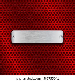 Red metal perforated background with chrome rectangle plate. Vector 3d illustration