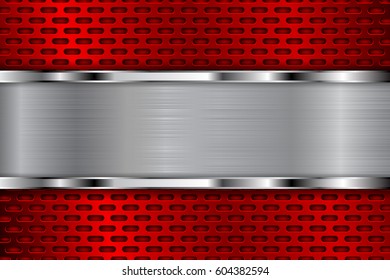 Red metal perforated background with shiny chrome plate. Oval shaped holes. Vector 3d illustration