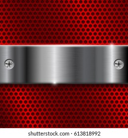 Red metal perforated background with shiny stainless steel plate. Vector 3d illustration