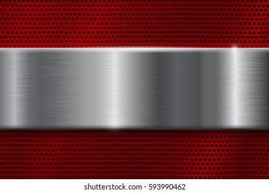 Red metal perforated background with square holes. With stainless steel plate. Vector 3d illustration