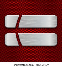 Red metal perforated background with two long cut iron plates. Vector 3d illustration