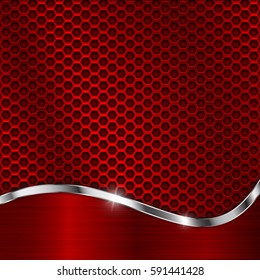 Red metal perforated background with wave element. Vector 3d illustration