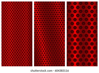 Red metal perforated backgrounds. Brochure design templates. Steel flyer layouts. Vector 3d illustration