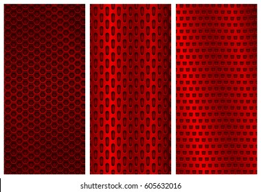 Red metal perforated backgrounds. Brochure design templates. Steel flyer layouts. Vector 3d illustration