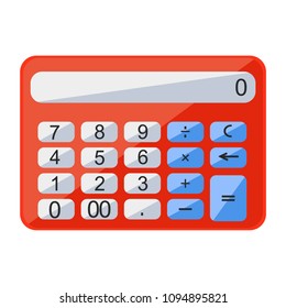 Red metal plastic calculator, computer, numerator, caster top view. School office supplies, stationery. Modern flat cartoons style vector illustration icons. Isolated on white background.