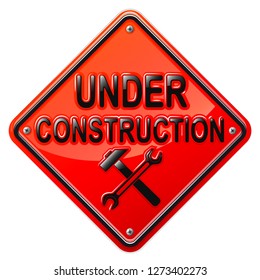 Red metal plate with a relief text under reconstruction. The shape of the diamond. White background.