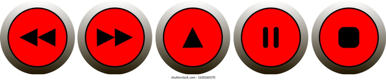 Red metal set of music control buttons.Five icons on a white background. Vector illustration for your business.