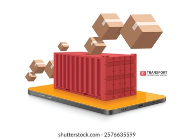 red metal shipping container carrying foreign and domestic imports and exports place on smartphone screen and a parcel or cardboard box floats in mid-air, vector 3d for delivery, online shopping 