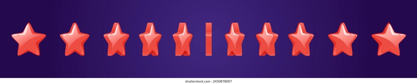 Red metal star rotation. Cartoon vector illustration set of sprite sheet steps of arcade icon for bonus or achievement animation design. video sequence of starry reward rotate for casino or game ui.