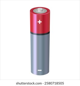 Red and metallic alkaline battery. Single AA battery stands vertically. 3d realistic rechargeable battery. Design template for branding, mockup. Vector Illustration isolated on white background