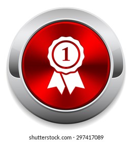Red metallic button with badge icon and silver border on white background