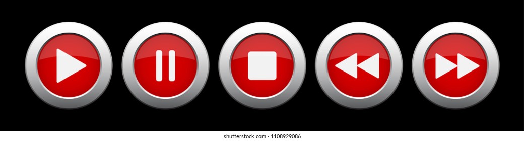 red metallic music control buttons set - five icons in front of a black background