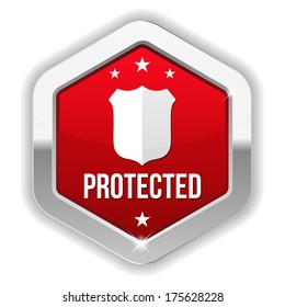 Red metallic protected button with shield icon