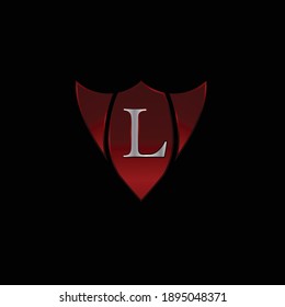 Red Metallic Shield Logo Design for Letter L. Realistic Red Metallic Letter L Logo Design. Logo Design for cars, safety companies, and others.