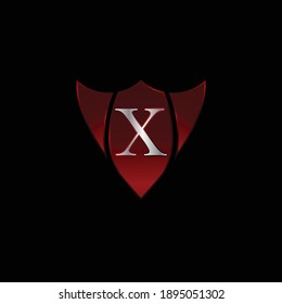 Diseño del logotipo Escudo metálico rojo para la letra X. Diseño del logotipo de la letra roja metálica X realista. Diseño de logotipos para coches, empresas de seguridad y otros.