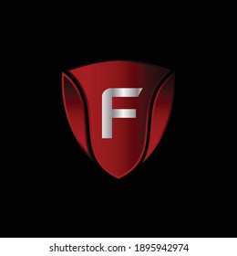 Red Metallic Shield Logo Design for Letter F. Realistic Red Metallic Letter F Logo Design. Logo Design for cars, safety companies, and others.