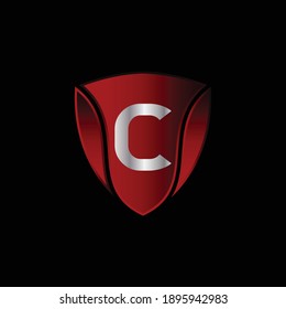 Red Metallic Shield Logo Design for Letter C. Realistic Red Metallic Letter C Logo Design. Logo Design for cars, safety companies, and others.