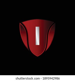 Red Metallic Shield Logo Design for Letter I. Realistic Red Metallic Letter I Logo Design. Logo Design for cars, safety companies, and others.