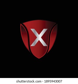 Red Metallic Shield Logo Design for Letter X. Realistic Red Metallic Letter X Logo Design. Logo Design for cars, safety companies, and others.
