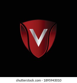 Red Metallic Shield Logo Design for Letter V. Realistic Red Metallic Letter V Logo Design. Logo Design for cars, safety companies, and others.