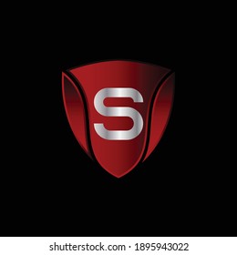 Red Metallic Shield Logo Design for Letter S. Realistic Red Metallic Letter S Logo Design. Logo Design for cars, safety companies, and others.