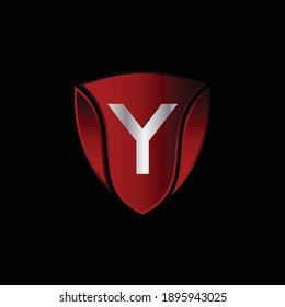 Red Metallic Shield Logo Design for Letter Y. Realistic Red Metallic Letter Y Logo Design. Logo Design for cars, safety companies, and others.