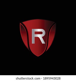 Red Metallic Shield Logo Design for Letter R. Realistic Red Metallic Letter R Logo Design. Logo Design for cars, safety companies, and others.