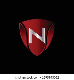 Diseño del logotipo Escudo metálico rojo para la letra N. Diseño De Logotipo De Letra Metálica Roja Realista N. Diseño de logotipos para coches, empresas de seguridad y otros.