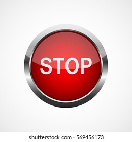 Red metallic stop button. Vector illustration. Stop button on white background