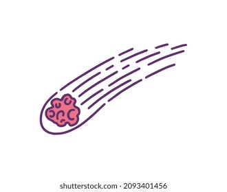 Red meteor ball falling high speed, vector icon. Hand drawn meteorite or asteroid, isolated on white background.