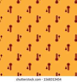 Red Meteorology thermometer measuring heat and cold icon isolated seamless pattern on brown background. Thermometer equipment showing hot or cold weather.  Vector Illustration