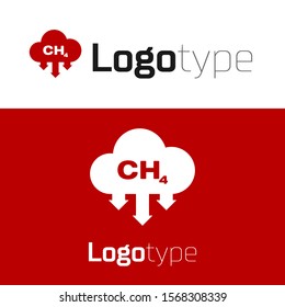 Red Methane emissions reduction icon isolated on white background. CH4 molecule model and chemical formula. Marsh gas. Natural gas. Logo design template element. Vector Illustration