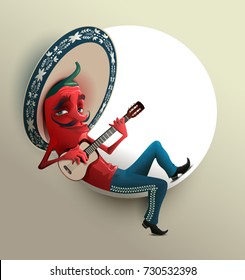 Red Mexican hot chili pepper in sombrero playing guitar. Vector cartoon illustration