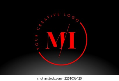 Red MI Letter Logo Design with Creative Intersected and Cutted Serif Font.